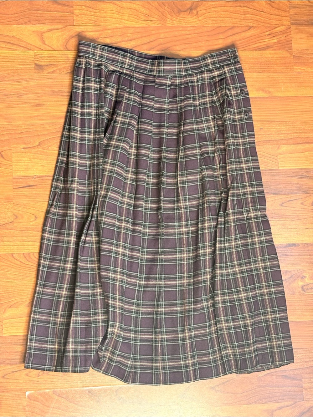 Liz Baker Brown Plaid Midi Skirt with Cream & Green Stripes